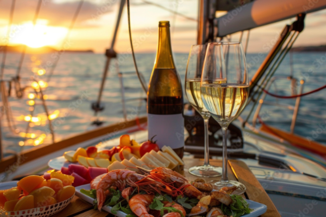 a plate of food and a glass of wine