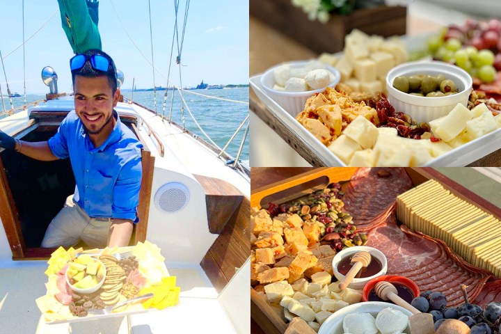 Collage of a man on a sailboat with a cheese platter and close-ups of charcuterie boards.