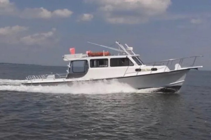 White motorboat speeding on open water under blue sky.