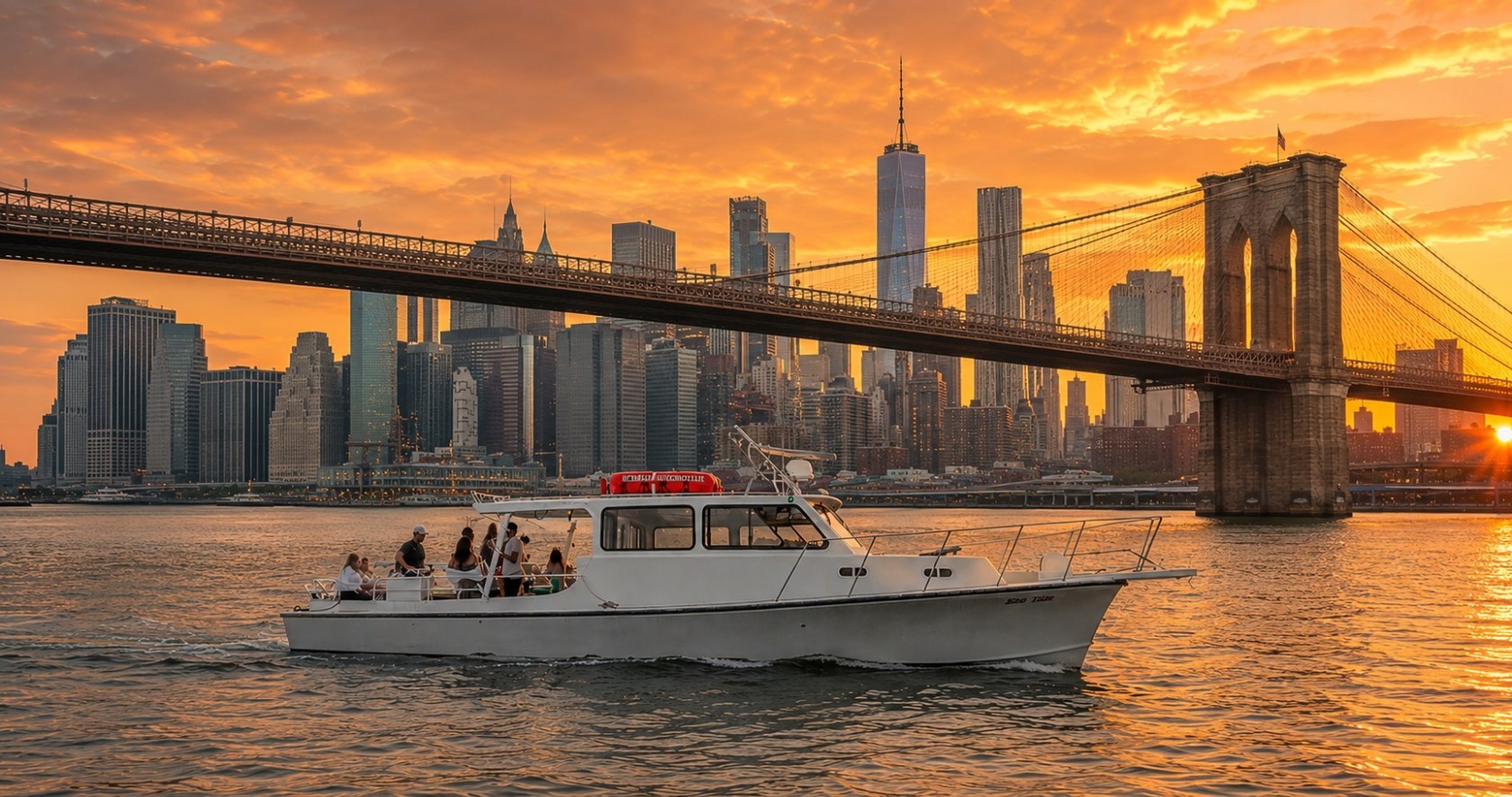 Boat on water with city skyline and bridge at sunset.